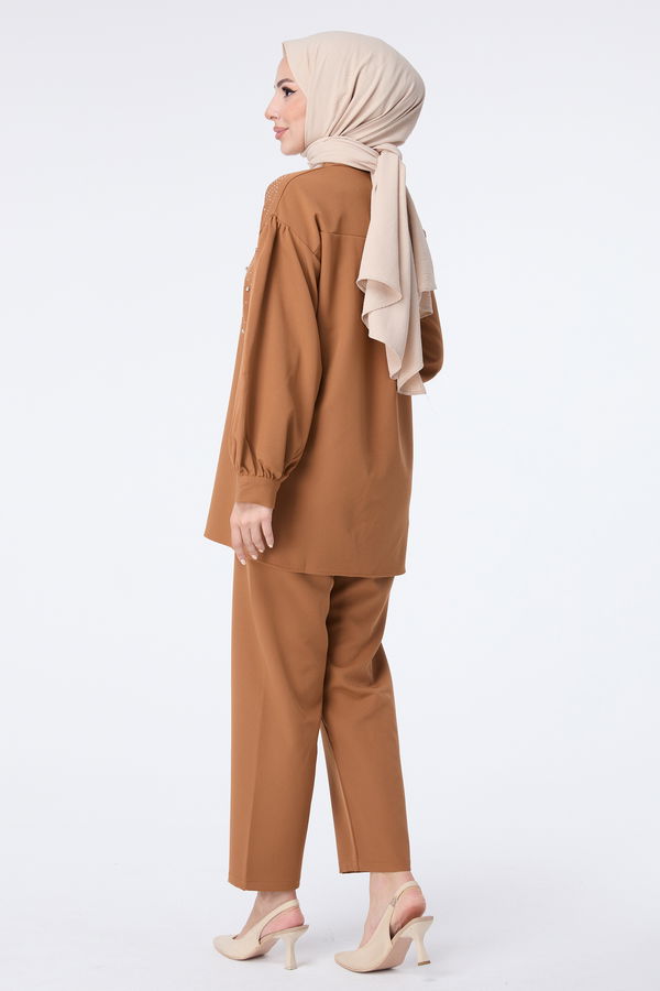 Düz Gömlek Yaka Kadın Taba Tunik Pantolon - 23435 TABA
