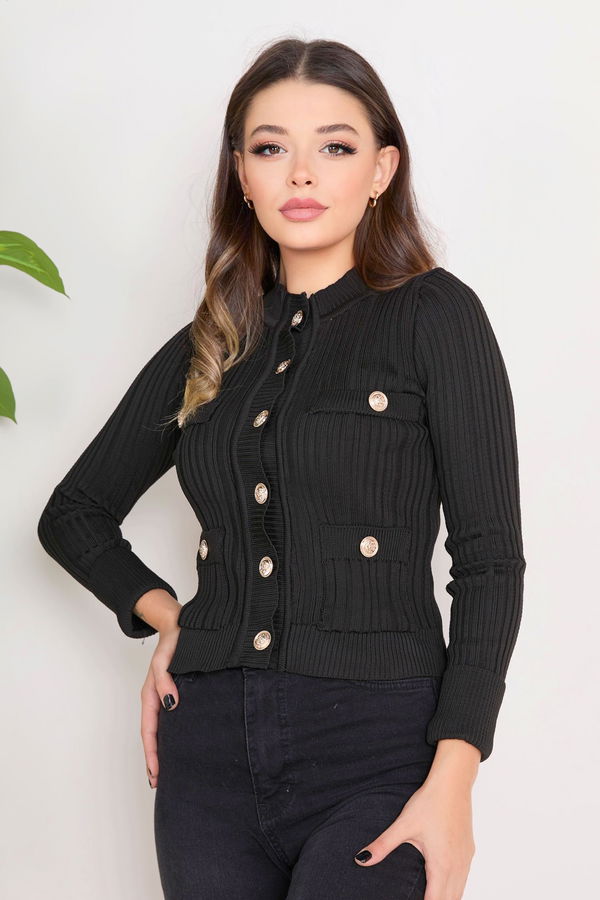 Düz Gömlek Yaka Kadın Siyah Triko Hırka - 23367