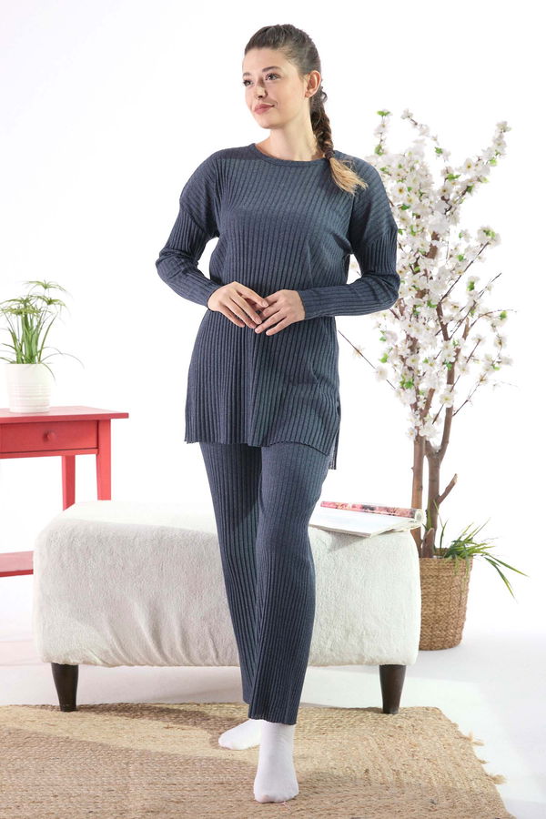 Düz Bisiklet Yaka Kadın Lacivert Pijama Takımı - 23433