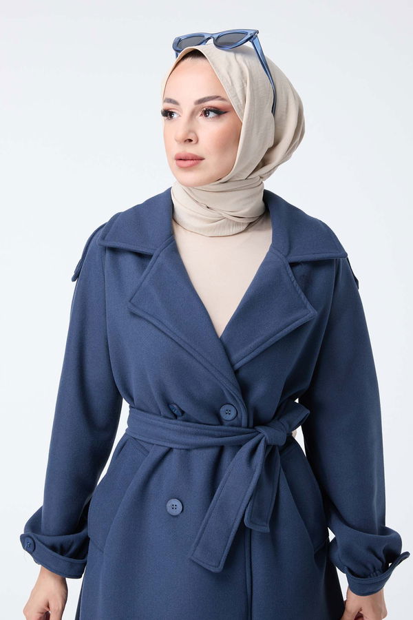 Düz Gömlek Yaka Kadın Lacivert Kaşe Kaban - 23443