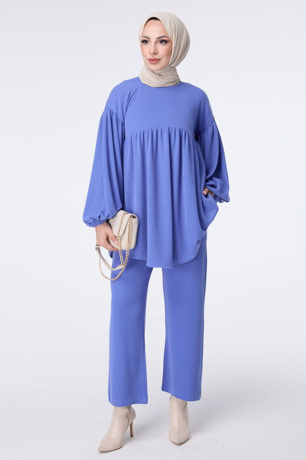Düz Bisiklet Yaka Kadın Mavi Tunik+Pantolon - 23444