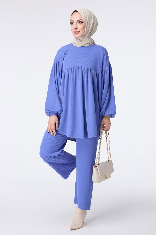 Düz Bisiklet Yaka Kadın Mavi Tunik+Pantolon - 23444