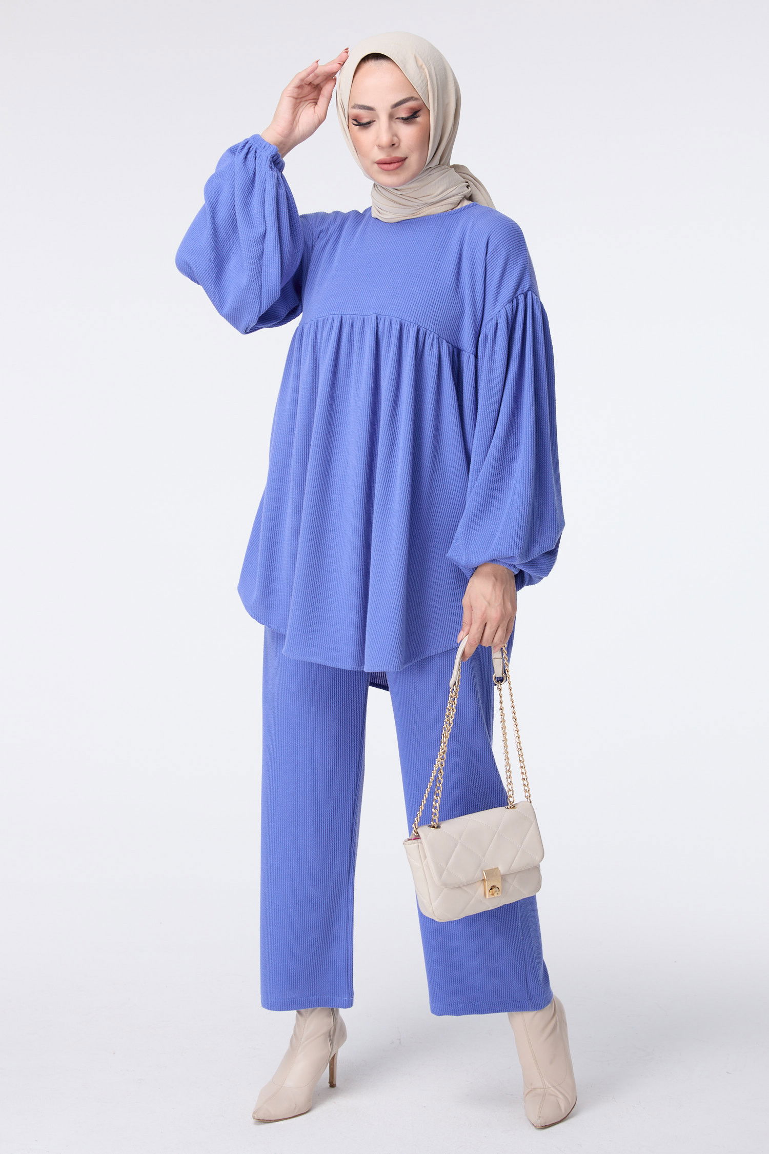 Düz Bisiklet Yaka Kadın Mavi Tunik+Pantolon - 23444