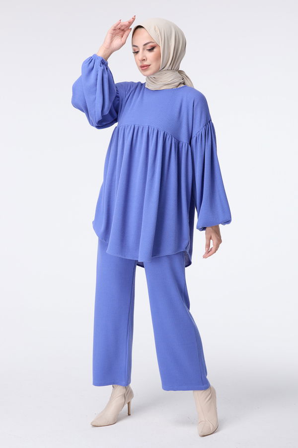 Düz Bisiklet Yaka Kadın Mavi Tunik+Pantolon - 23444