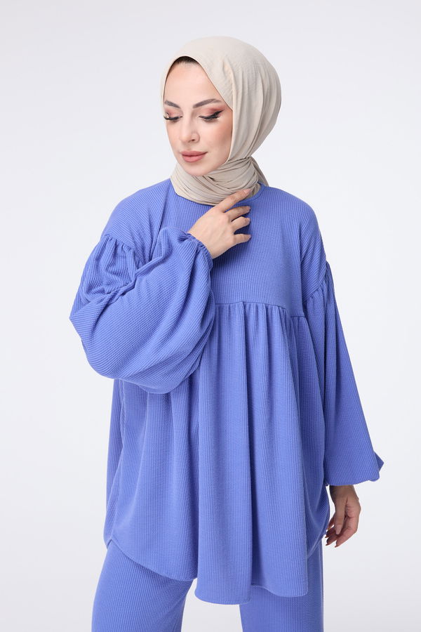 Düz Bisiklet Yaka Kadın Mavi Tunik+Pantolon - 23444