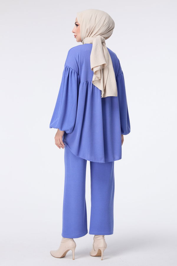 Düz Bisiklet Yaka Kadın Mavi Tunik+Pantolon - 23444