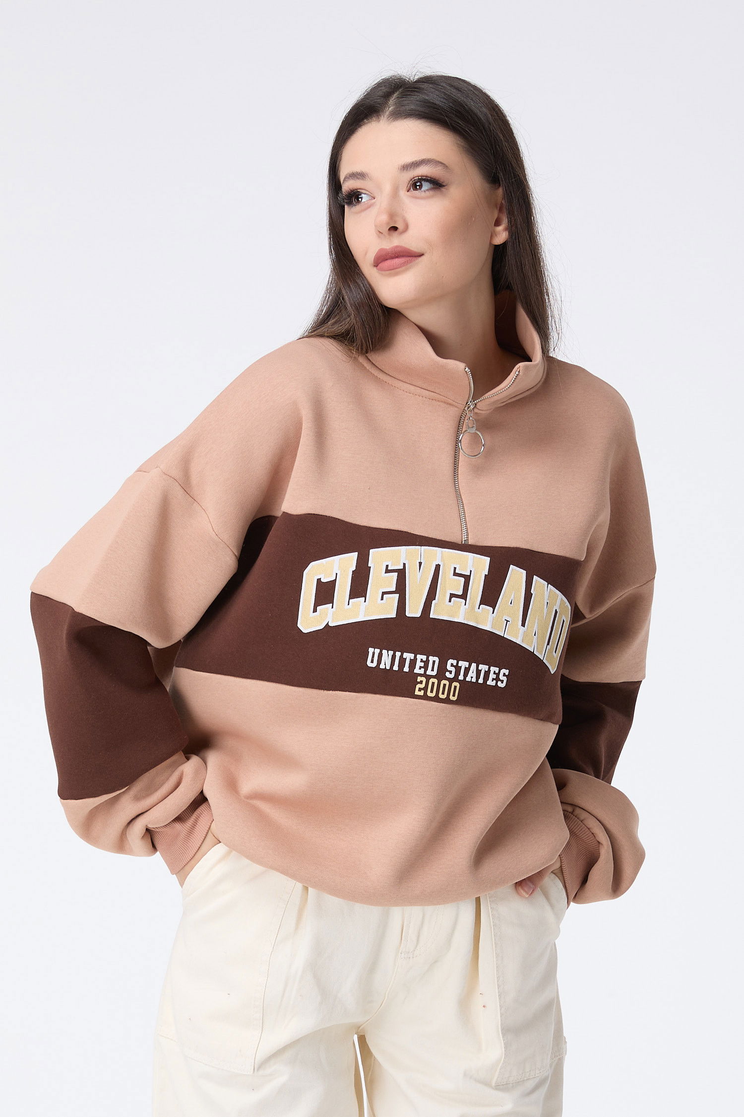 Düz Yarım Balıkçı Yaka Kadın Vizon Sweat - 23457