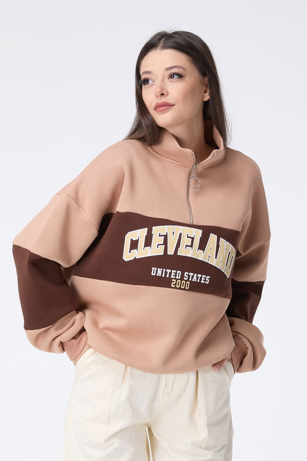 Düz Yarım Balıkçı Yaka Kadın Vizon Sweat - 23457