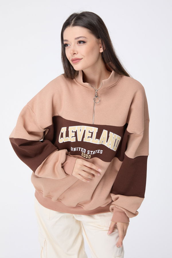 Düz Yarım Balıkçı Yaka Kadın Vizon Sweat - 23457