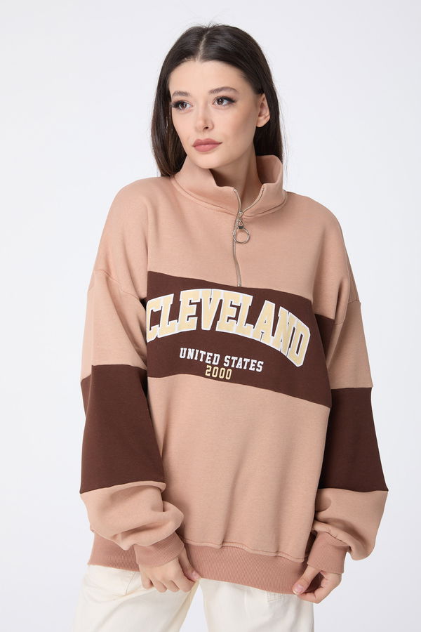 Düz Yarım Balıkçı Yaka Kadın Vizon Sweat - 23457