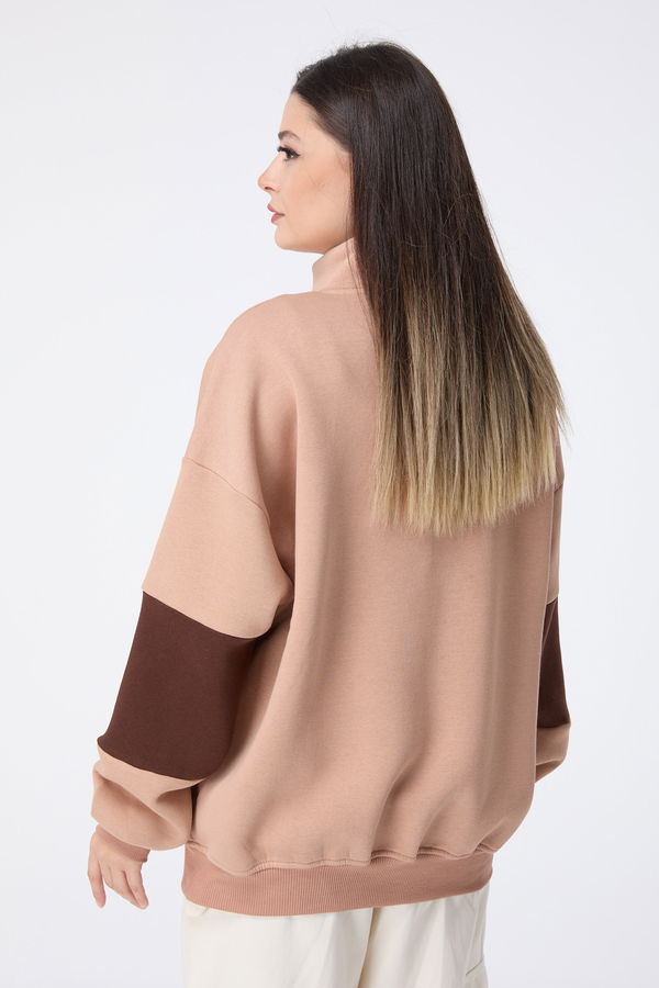 Düz Yarım Balıkçı Yaka Kadın Vizon Sweat - 23457