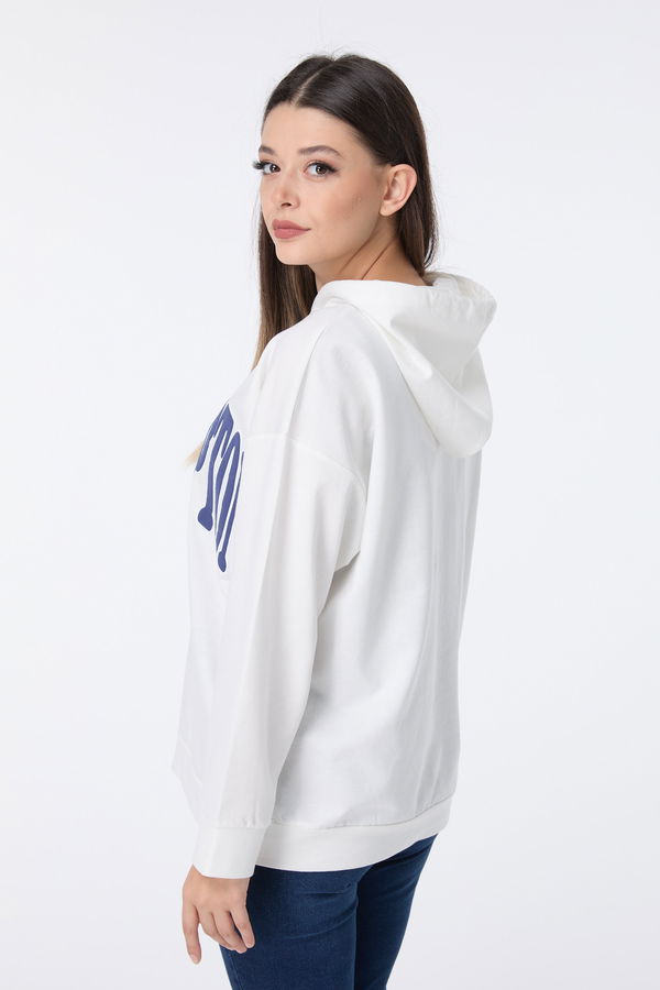 Düz Kapşonlu Yaka Kadın Beyaz Sweat - 23460