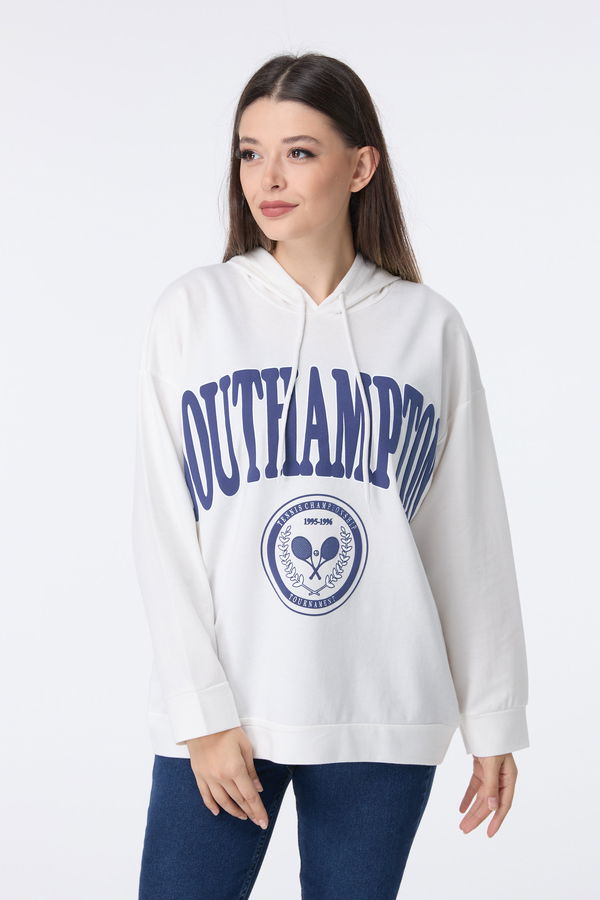 Düz Kapşonlu Yaka Kadın Beyaz Sweat - 23460