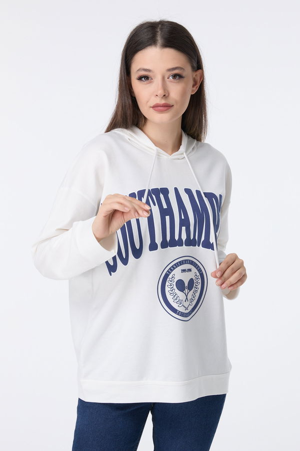 Düz Kapşonlu Yaka Kadın Beyaz Sweat - 23460