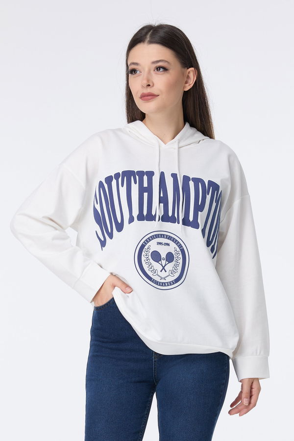 Düz Kapşonlu Yaka Kadın Beyaz Sweat - 23460