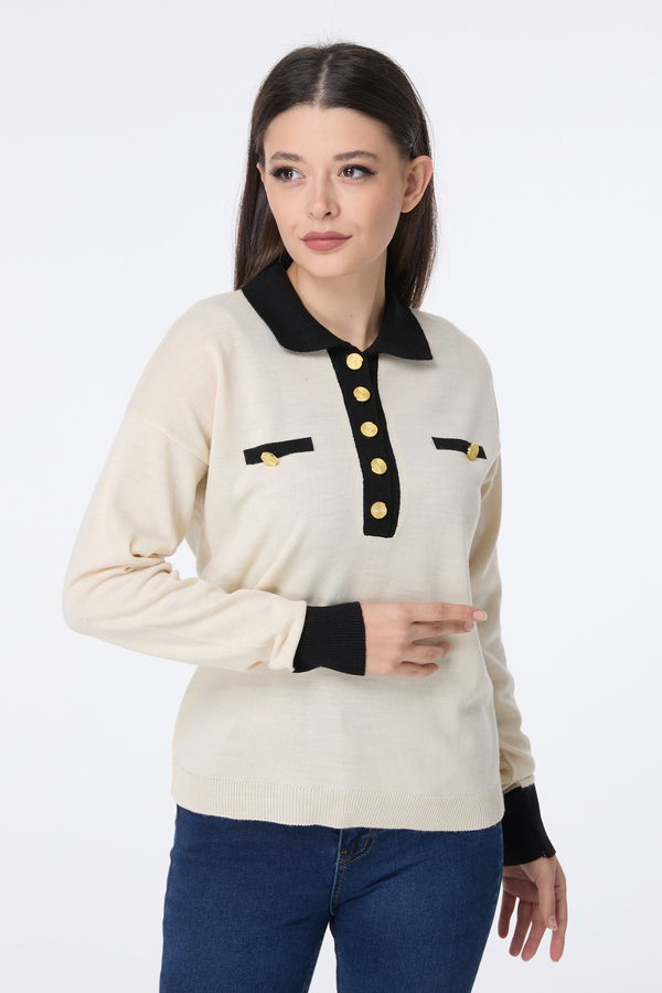 Düz Gömlek Yaka Kadın Beyaz Triko Kazak - 23369 BEYAZ