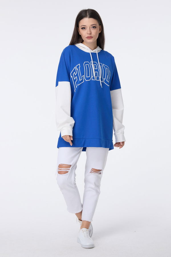 Düz Kapşonlu Yaka Kadın Mavi Sweat - 23459 MAVİ