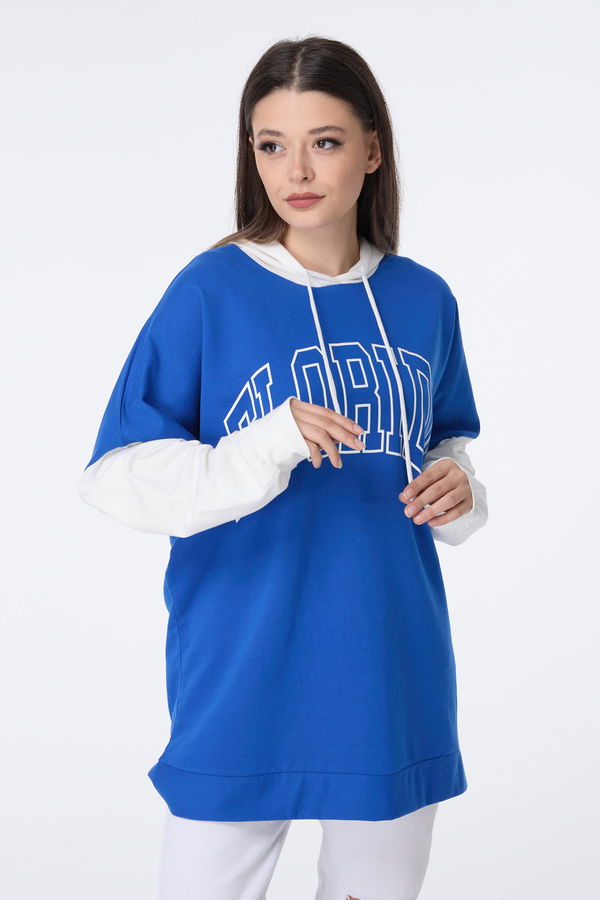 Düz Kapşonlu Yaka Kadın Mavi Sweat - 23459 MAVİ