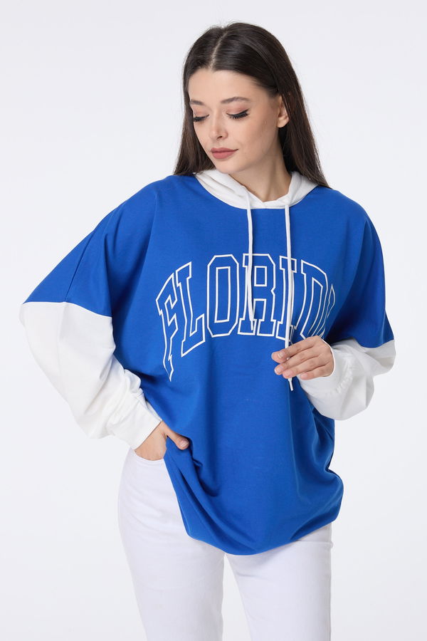 Düz Kapşonlu Yaka Kadın Mavi Sweat - 23459 MAVİ