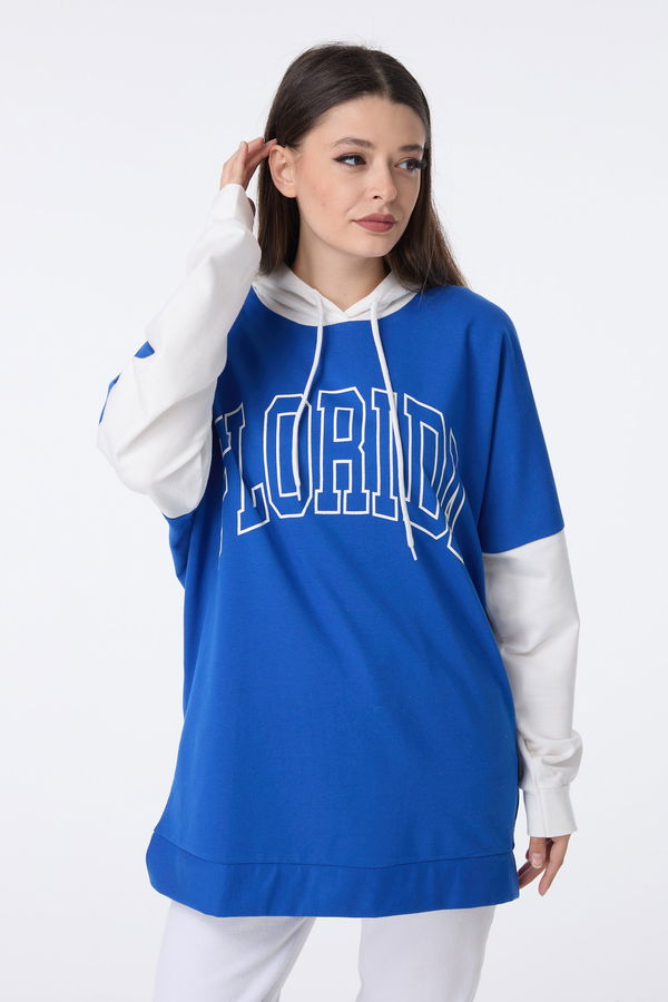 Düz Kapşonlu Yaka Kadın Mavi Sweat - 23459 MAVİ