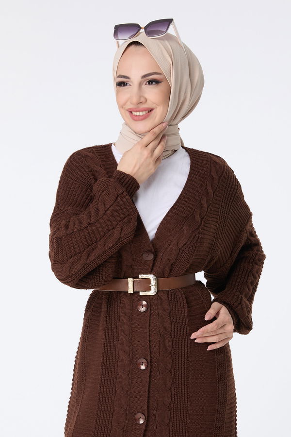 Düz Orta Kadın Kahverengi Triko Hırka - 23408 KAHVERENGİ
