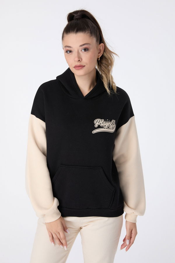 Düz Kapşonlu Yaka Kadın Siyah Sweat - 23497
