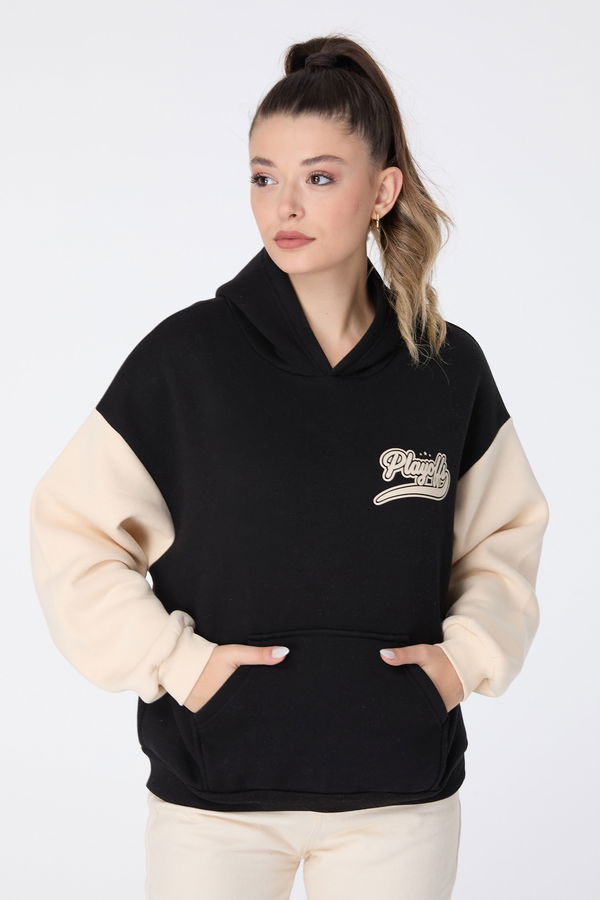 Düz Kapşonlu Yaka Kadın Siyah Sweat - 23497