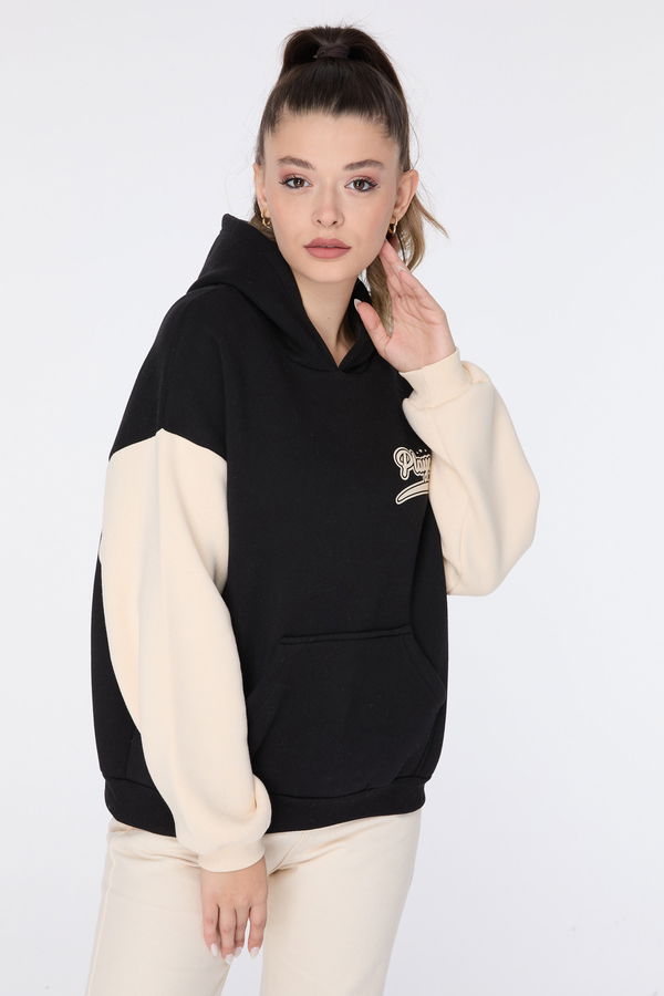 Düz Kapşonlu Yaka Kadın Siyah Sweat - 23497