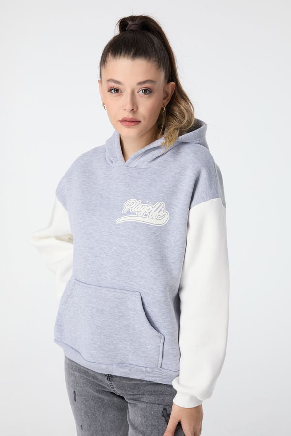Düz Kapşonlu Yaka Kadın Gri Sweat - 23497 GRİ