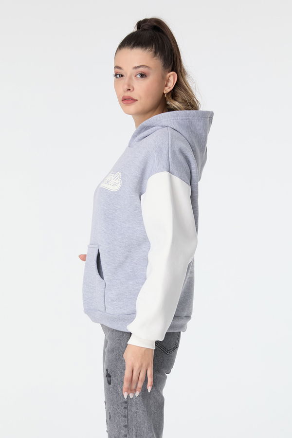 Düz Kapşonlu Yaka Kadın Gri Sweat - 23497 GRİ