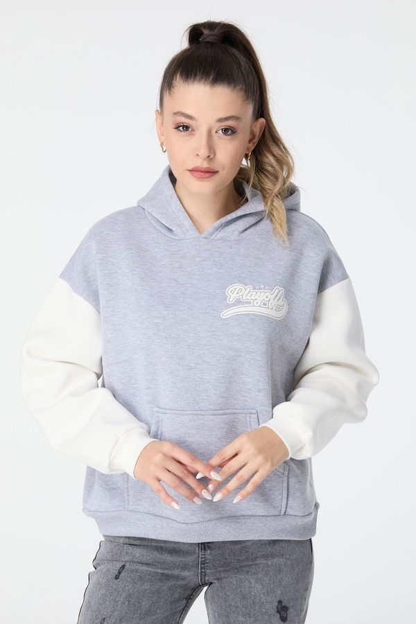 Düz Kapşonlu Yaka Kadın Gri Sweat - 23497 GRİ