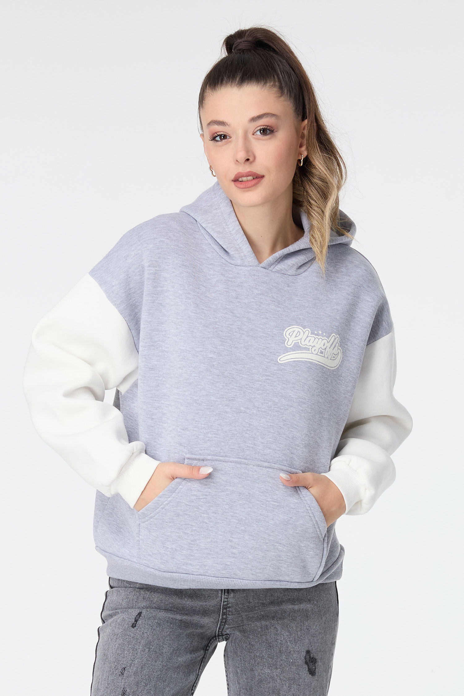 Düz Kapşonlu Yaka Kadın Gri Sweat - 23497 GRİ