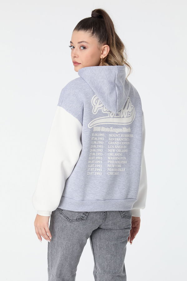 Düz Kapşonlu Yaka Kadın Gri Sweat - 23497 GRİ
