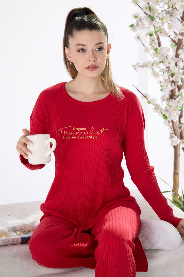 Düz Bisiklet Yaka Kadın Kırmızı Pijama Takımı - 23544