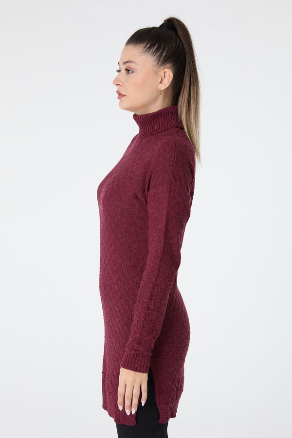 Düz Balıkcı Yaka Kadın Bordo Triko Tunik - 23502 BORDO