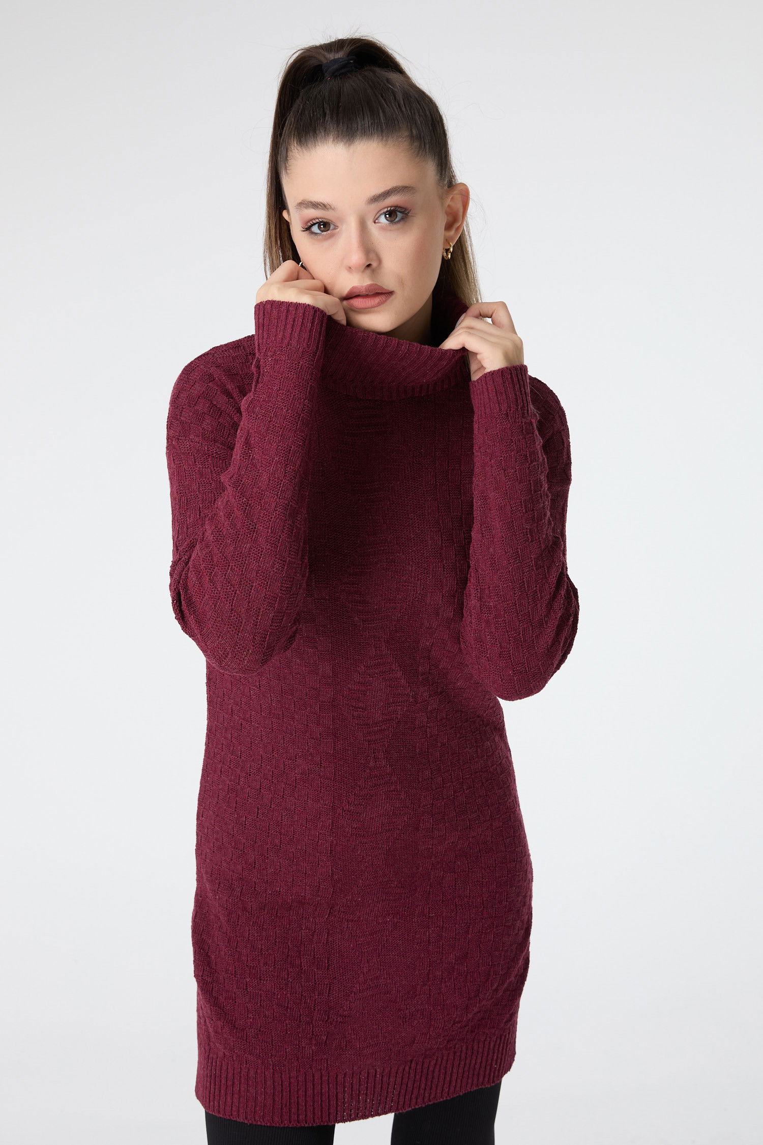 Düz Balıkcı Yaka Kadın Bordo Triko Tunik - 23502 BORDO
