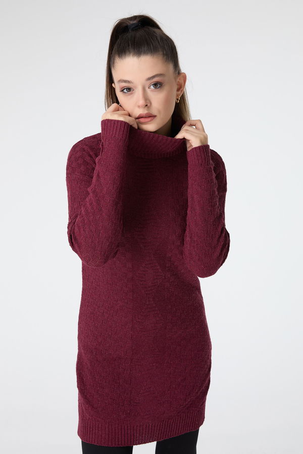 Düz Balıkcı Yaka Kadın Bordo Triko Tunik - 23502 BORDO