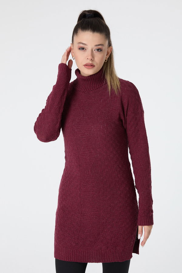 Düz Balıkcı Yaka Kadın Bordo Triko Tunik - 23502 BORDO