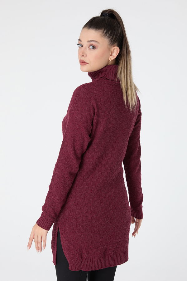 Düz Balıkcı Yaka Kadın Bordo Triko Tunik - 23502 BORDO