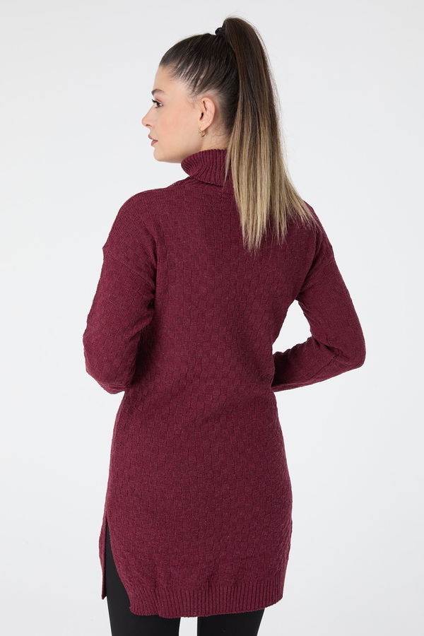 Düz Balıkcı Yaka Kadın Bordo Triko Tunik - 23502 BORDO