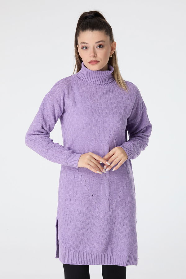 Düz Balıkcı Yaka Kadın Lila Triko Tunik - 23502