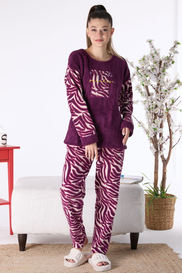 Düz Bisiklet Yaka Kadın Mor Peluş Pijama Takımı - 23553 MOR