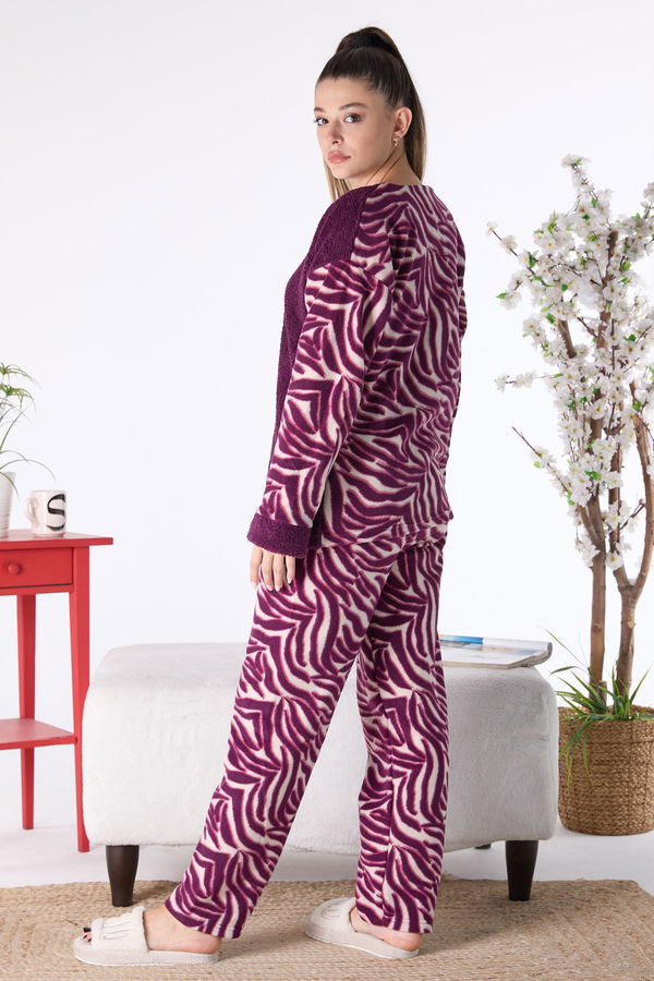 Düz Bisiklet Yaka Kadın Mor Peluş Pijama Takımı - 23553 MOR