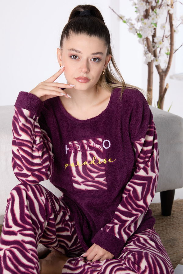 Düz Bisiklet Yaka Kadın Mor Peluş Pijama Takımı - 23553 MOR