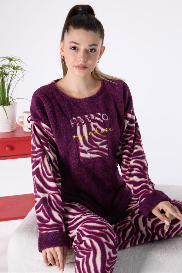 Düz Bisiklet Yaka Kadın Mor Peluş Pijama Takımı - 23553 MOR