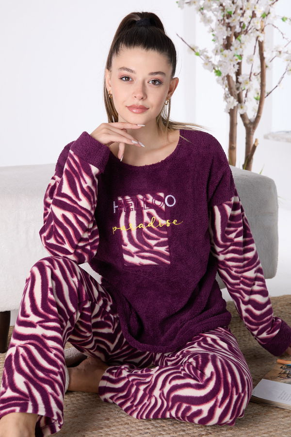 Düz Bisiklet Yaka Kadın Mor Peluş Pijama Takımı - 23553 MOR