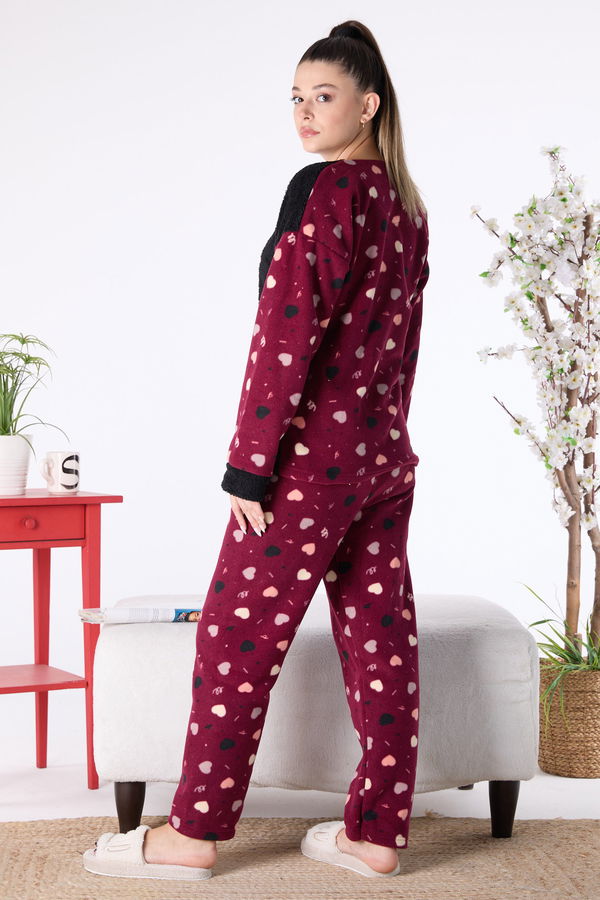 Düz Bisiklet Yaka Kadın Siyah Peluş Pijama Takımı - 23557
