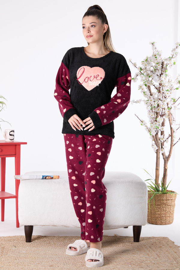 Düz Bisiklet Yaka Kadın Siyah Peluş Pijama Takımı - 23557