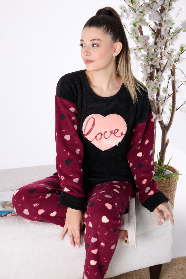 Düz Bisiklet Yaka Kadın Siyah Peluş Pijama Takımı - 23557