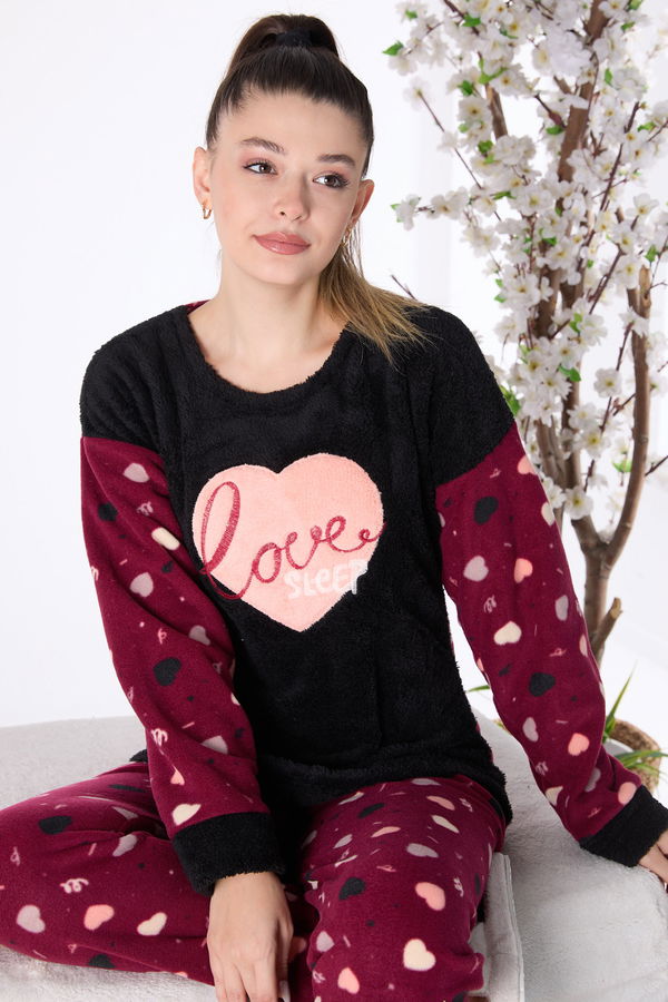 Düz Bisiklet Yaka Kadın Siyah Peluş Pijama Takımı - 23557
